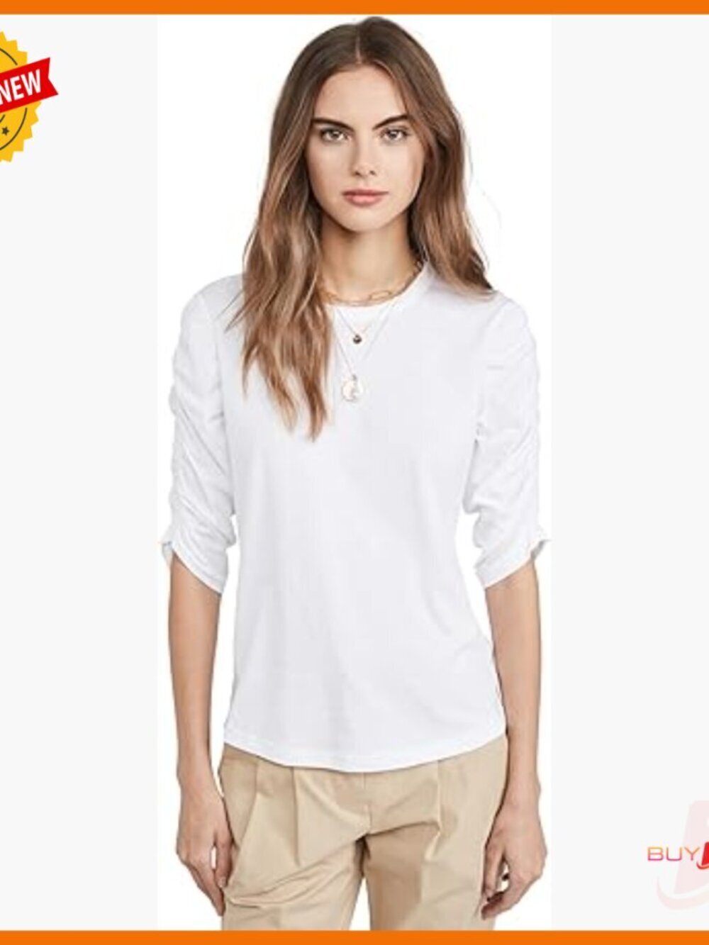 White Ruffle Sleeve Jersey Tee Classic Fit 3/4 Sleeve High-Low Hem